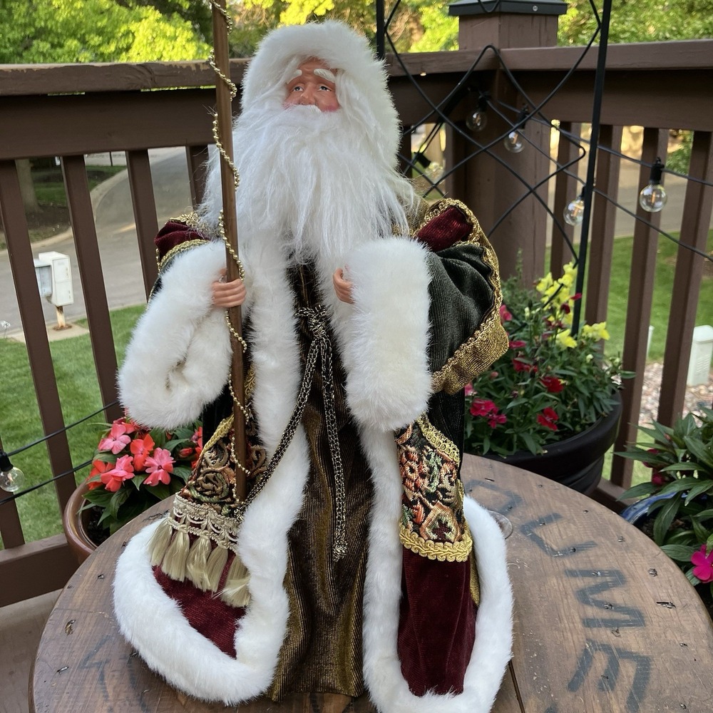 Vintage Old World Santa Claus Tree Topper Figurine 18" Gold Burgundy Velvet